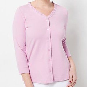 Isaac Mizrahi Live! Button Front Knit Top with Ruffle Neck - Mauve Mist